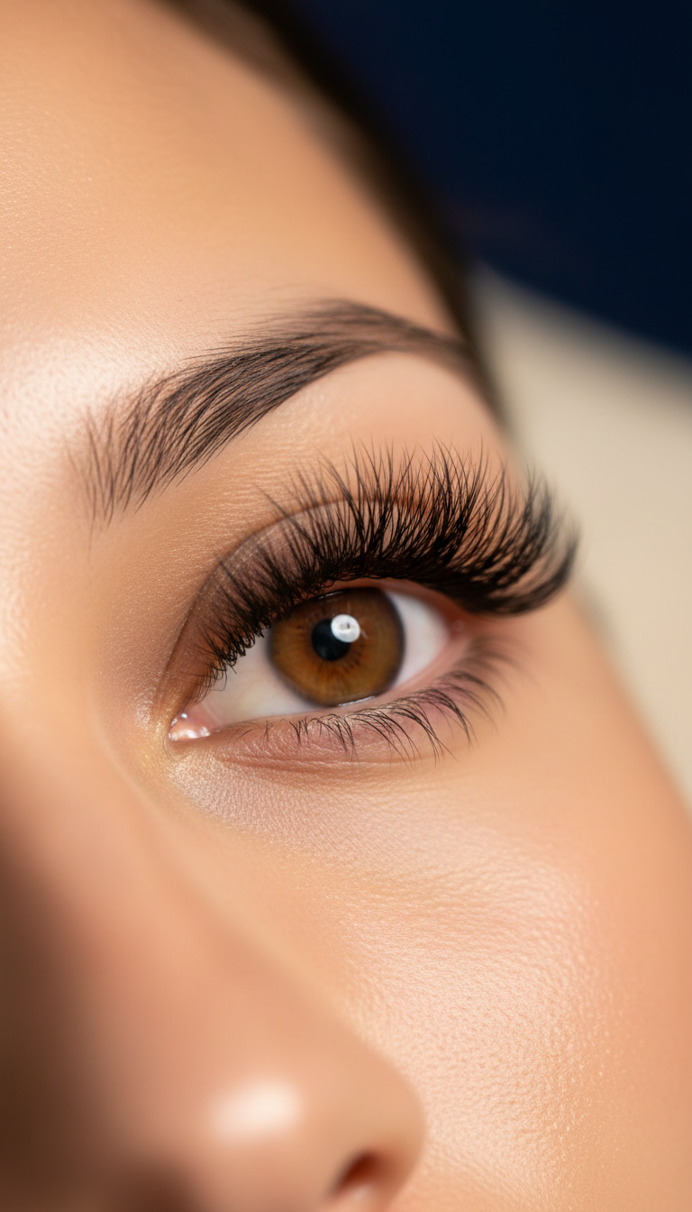Close-up editorial portrait of a fully lashed eye, softly lit in a boutique studio.